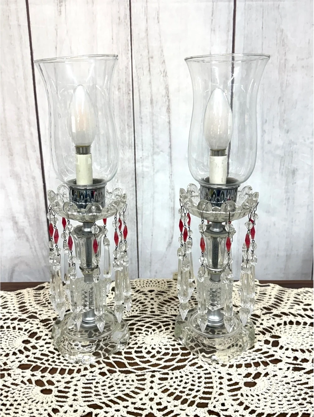 Crystal Hurricane Boudoir Lamps Pair Red Prisms Glass Chimneys Working